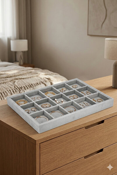 Genel Markalar Süet Kumaş Gri Renk 34x24 cm 24 Bölmeli Çekmece İçi Takı Stand