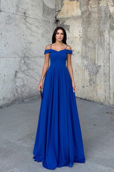 Mekafashion Omuzları Düşük Yırtmaçlı Abiye 58871 Saks Mavisi