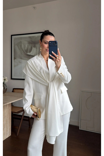 My Blog White Shawl Collar Blazer Jacket with Gold Buttons - 9721