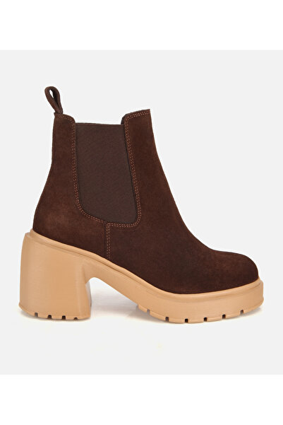 Hotiç Kadın Süet Deri Kahverengi Lastik Detaylı Topuklu Bot