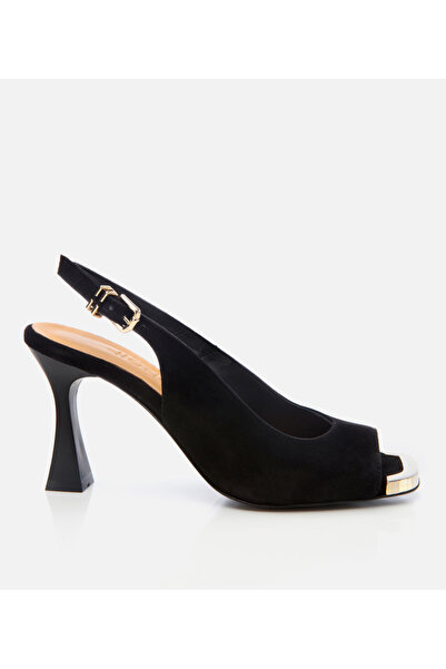 Hotiç Γυναικεία δερμάτινα σουέτ μαύρα πέδιλα με τακούνι