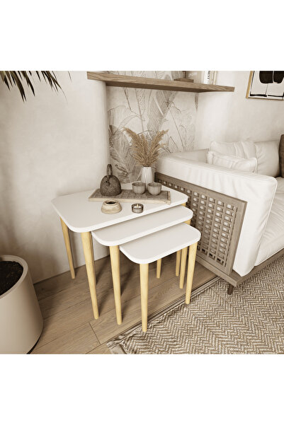 woodaria Dikdörtgen Dekoratif Zigon Sehpa 3'lü Set – Ahşap Ayaklı Zigon Sehpa