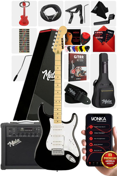 Midex Rph-40wb-25amp Siyah Beyaz 25w Şarjlı Bt Amfili Elektro Gitar Seti Hsh ...