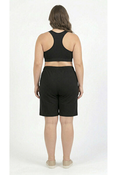 Miami Beach Women's Large Size Black Solid Color Quick Drying Fabric Long Length Swimsuit Swim Shorts with Two Side Pockets