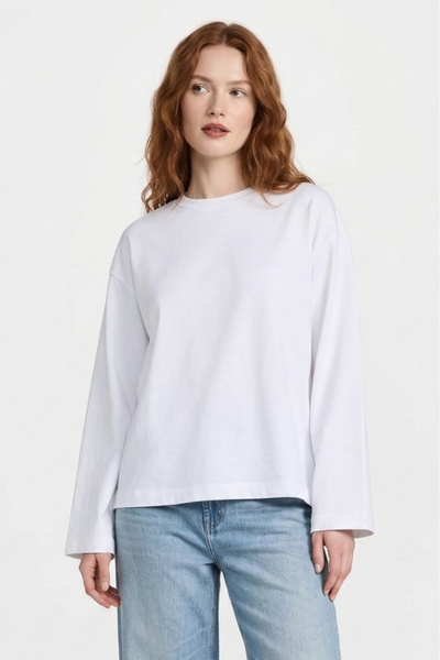 BEC'S Kadın Yüksek Gramajlı Pamuklu Oversize Fit Uzun Kollu Basic Beyaz T-shirt