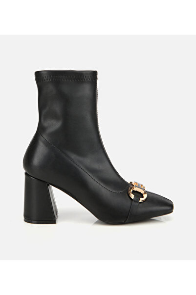 Hotiç Kadın Siyah Tokalı Streç Fermuarlı Yüksek Topuklu Bot