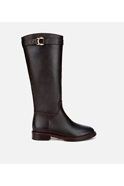 Hotiç Kadın Deri Kahverengi Tokalı Binici Düz Çizme