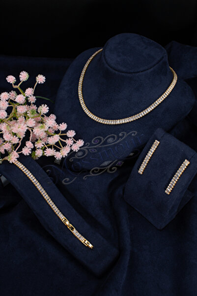 MOSSMOUR Kadın Zirkon Baget Su Yolu Gold Kolye Küpe Bileklik Kuyumcu Set Takım