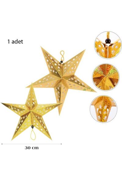 partidolu Altın Renk 30 Cm Karton Asmalı Hologramlı Yıldız Asma Süs Yılbaşı R...