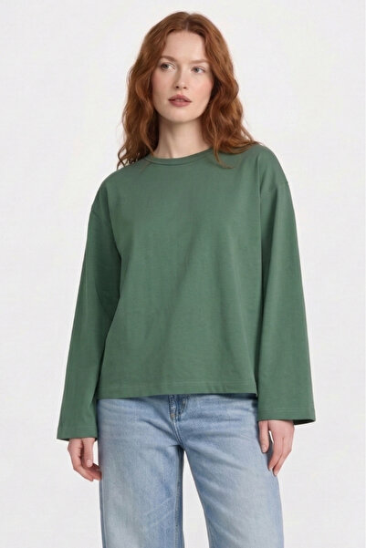 BEC'S Kadın Yüksek Gramajlı Pamuklu Oversize Fit Uzun Kollu Basic Yeşil T-shirt