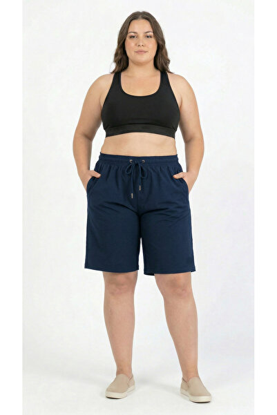 Miami Beach Kadın Büyük Beden Lacivert Düz Renk Hızlı Kuruyan Kumaş Iki Yan C...