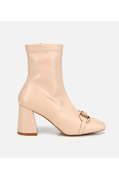 Hotiç Kadın Bej Tokalı Streç Fermuarlı Yüksek Topuklu Bot