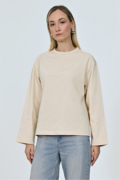 BEC'S Kadın Yüksek Gramajlı Pamuklu Oversize Fit Uzun Kollu Basic Bej T-shirt