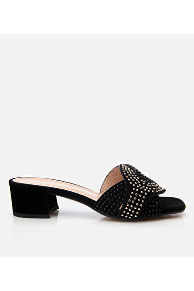 Hotiç Γυναικείες δερμάτινες σουέτ παντόφλες με τακούνι από μαύρη πέτρα