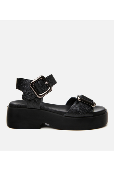 Hotiç Γυναικεία δερμάτινα μαύρα πέδιλα με τακούνι με σφήνα