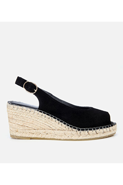 Hotiç Γυναικεία δερμάτινα σουέτ πέδιλα με μαύρη ψάθινη λεπτομέρεια και τακούν...