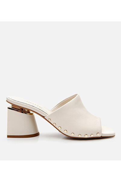 Hotiç Γυναικείες δερμάτινες παντόφλες εκρού με τακούνι