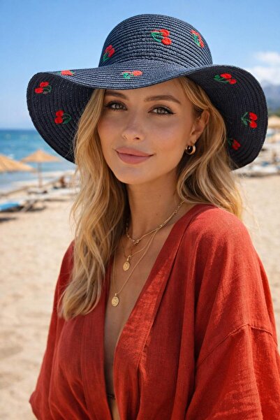 FELLMENS Γυναικείο καπέλο από ψάθινο υλικό Black Cherry Με κέντημα