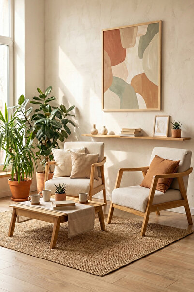 Zem Favela Bohem Çay Seti Natürel Ahşap, Kırık Beyaz (2 ADET TEKLİ BERJER 1 A...