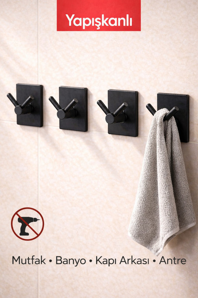 Polofix Black Serisi Yapışkanlı İkili Asılık 4'lü Set - Kapı arkası,Mutfak,Banyo,Antre - Çok amaçlı