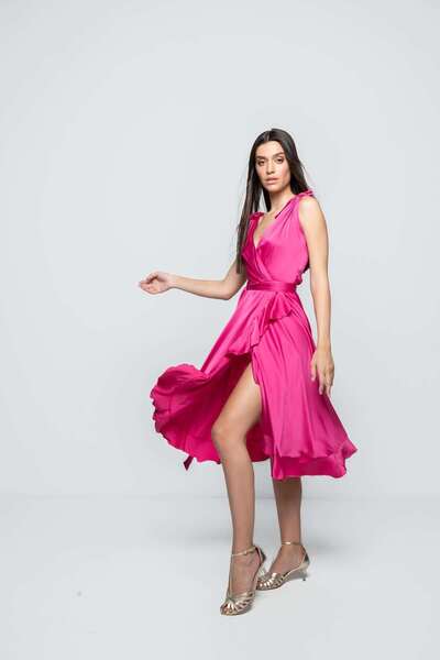 NYMPHA CLOTHING Rochie Midi Eleganta Satinata, Fuchsia, Palace M/L