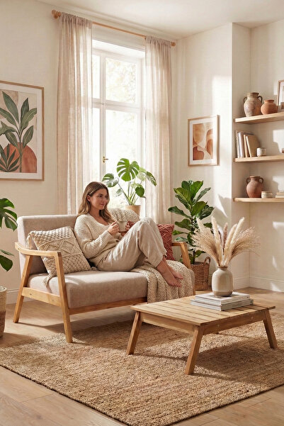 Zem Favela Bohem Çay Seti Natürel Ahşap, Sütlü Kahve (1 ADET IKİLİ BERJER 1 A...