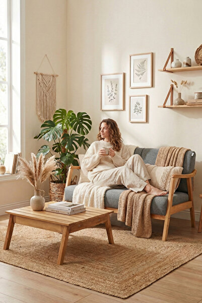 Zem Favela Bohem Çay Seti Natürel Ahşap, Gri (1 ADET İKİLİ BERJER 1 ADET SEHPA)