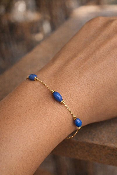 By Song Aksesuar سوار من حجر اللازورد الطبيعي مع سلسلة فولاذية