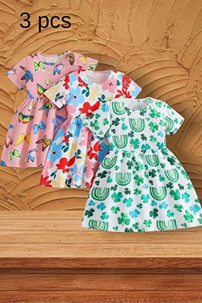 minikiss Rochie pentru fetiță din Lycra imprimată 3 bucăți