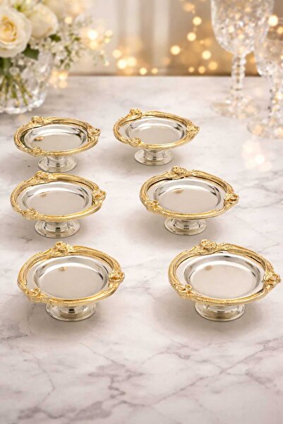 Ogeda Home, 6'lı Kahve Yanı Lokumluk–Gold Gümüş Gül Detaylı Dekoratif Lokumlu...