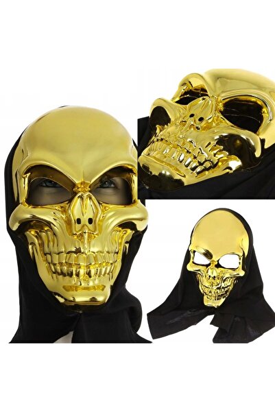 partidolu Yetişkin Hallowen Kapüşonlu Plastik İskelet Maskesi Altın Renk 1 Adet