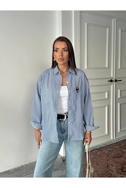 mydukkan.co قميص بير مطرز مخطط - أزرق