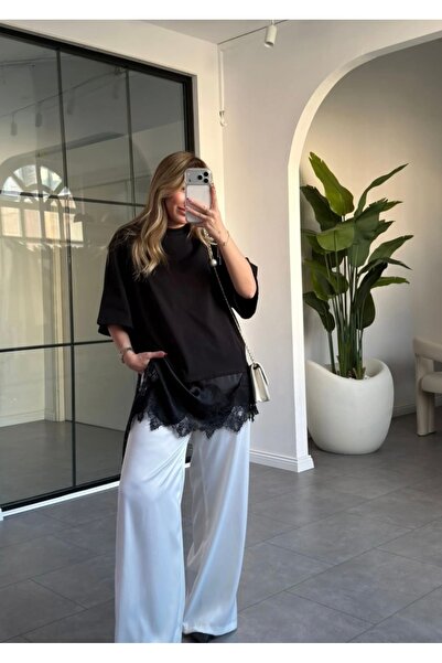 MareandCo Dantel ve Saten Detaylı Asimetrik Tok Kumaş T-shirt