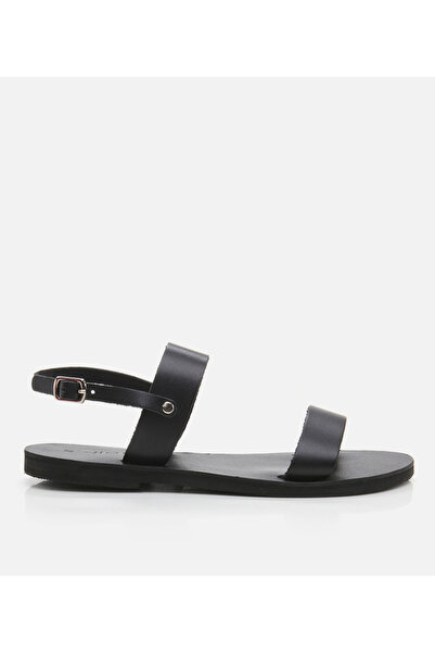 Hotiç Γυναικεία δερμάτινα μαύρα φλατ σανδάλια