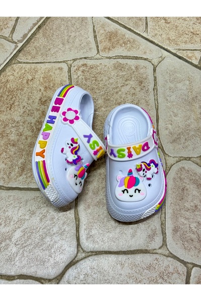ÇOCUKÇA MODA Kız Çocuk Ünicorn Figürlü Kaydırmaz Taban Sandalet Terlik Beyaz