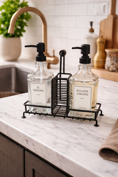 MAKRİ HOME Premium Stantlı Cam Sıvı Sabunluk & Deterjanlık Seti – İkili (Süng...