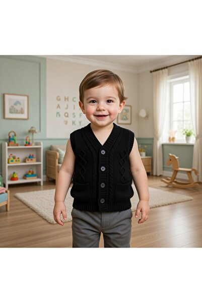 POFUDUK Erkek Bebek V Yaka Saç Örgü Detaylı Cepli Triko Yelek [ Tek Siyah renk ]