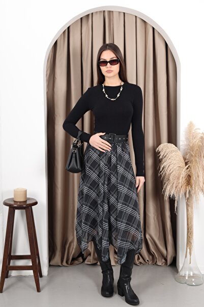 YEK&BİR EKOSE ASİMETRİK KİSİM ŞİFON ETEK SİYAH