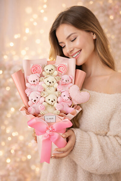 u&b teddy bear flowers Sevgiliye Hediye Karışık Pembe Şekerli Kalpli Ayıcık Ç...