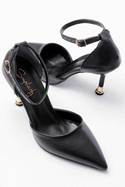 simplicity Pantofi negri cu toc, cu curea la gleznă, cu spatele închis și det...