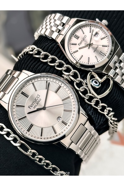 Ferrucci Marka Gümüş Renk Çelik Kordon, Beyaz Kadran Sevgili Çift Kol Saatler...