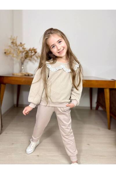 Huzeyfe Kids KIZ ÇOCUK DANTEL YAKA KAPİTONE TAKIM PAMUKLU