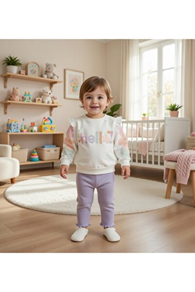 POFUDUK Hello Baskılı Çiçek Detaylı Kız Bebek İkili Takım