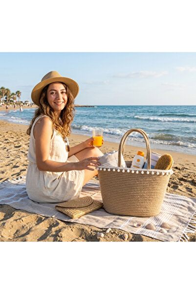 bayram taşcıoğlu home desing Ponponlu Hasır, jüt, Tatil, günlük plaj çanta