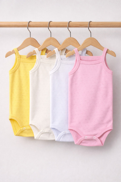 4-Piece Jacquard Rope Strap Baby Bodysuit Snapsuit with Snap fastener 100% Cotton - Ecru Pink White Yellow