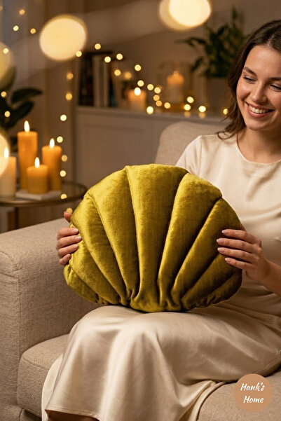 HANK Midye Model Kırlent Safran Sarısı (Koyu)/Yağ Yeşili El Yapımı Dekoratif ...