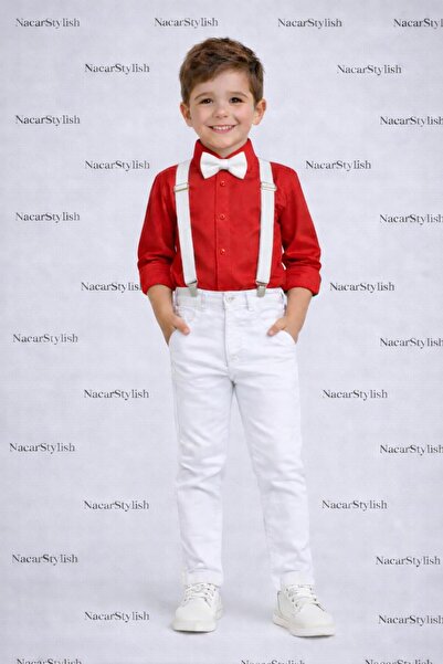 Nacar Erkek Çocuk 23 Nisan 29 Ekim Keten Gömlek&Pantolon&Askı Papyon Set - Gö...