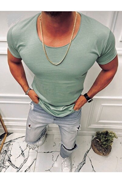 BYBÜLENT Tricou pentru bărbați cu guler oval și decolteu deschis tricou Verde...