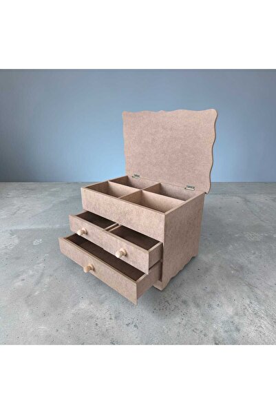 SEKAY AHŞAP Ahşap-boyanabilir-4 bölmeli-3 çekmeceli- Takı-makyaj-aksesuar Dek...
