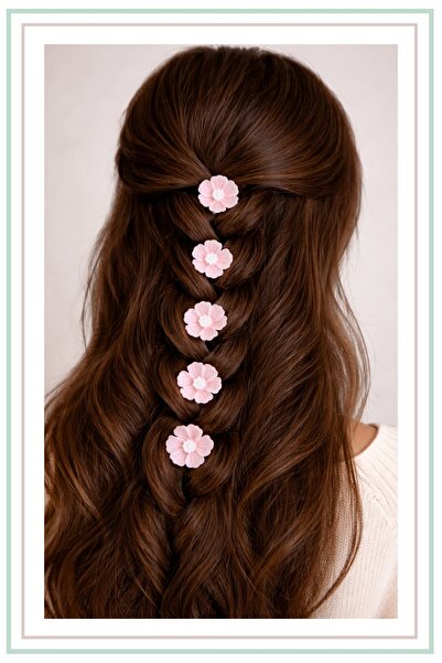 Sakura Çiçek Model Saç Küpesi – Toz Pembe (5’li Set)